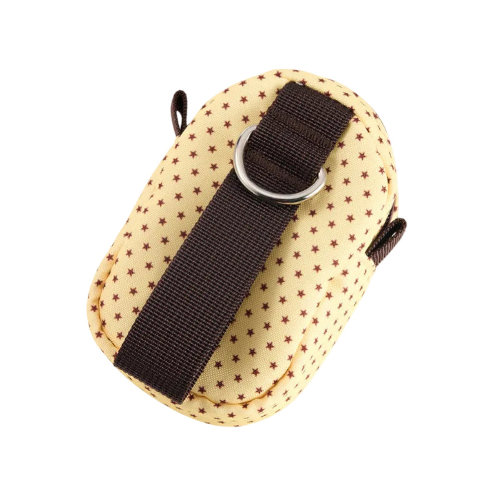 Small pouch with star pattern and brown strap on a white background