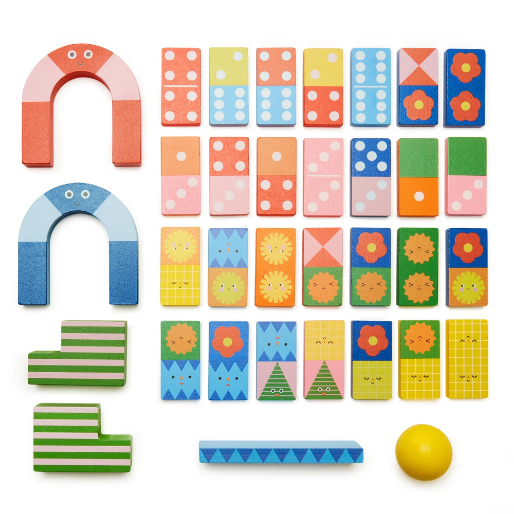 Set of colorful wooden blocks with various patterns and shapes on a white background