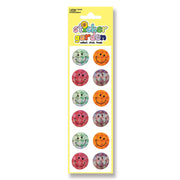 A vertical package of 'Sticker Garden' smiley face stickers on a white background. The yellow card contains ten round stickers, alternating between orange smiley faces and pastel tie-dye smiley faces in green, pink, and blue.