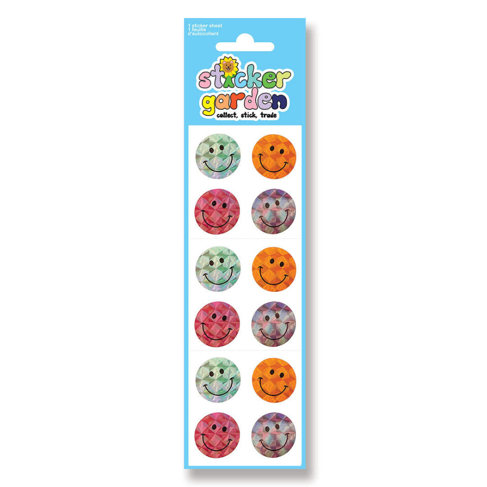 A single sticker sheet from Sticker Garden featuring round smiley face stickers in various colorful patterns, packaged on a light blue card with a hanging tab.