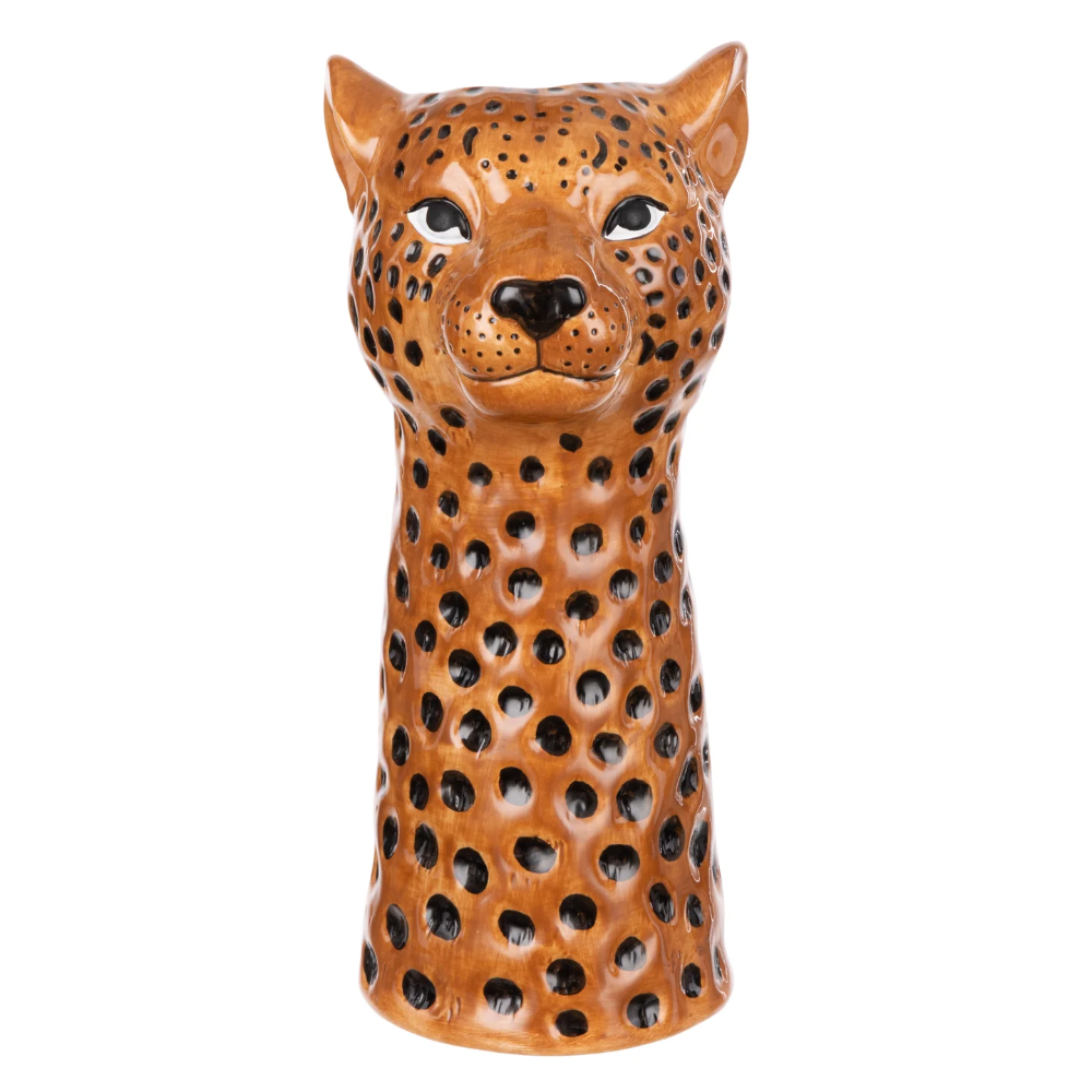Ceramic vase shaped like a leopard head on a white background
