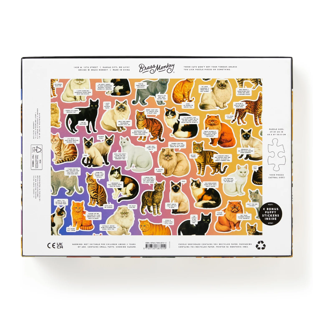 Puzzle box with illustrations of cats on a colorful background
