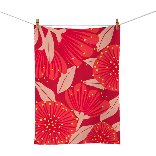 100 % NZ Tea Towel Bright Botanical Red Pōhutukawa