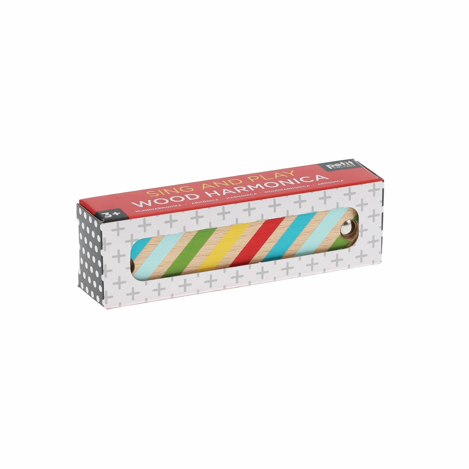 Boxed wood harmonica with colorful design on a white background