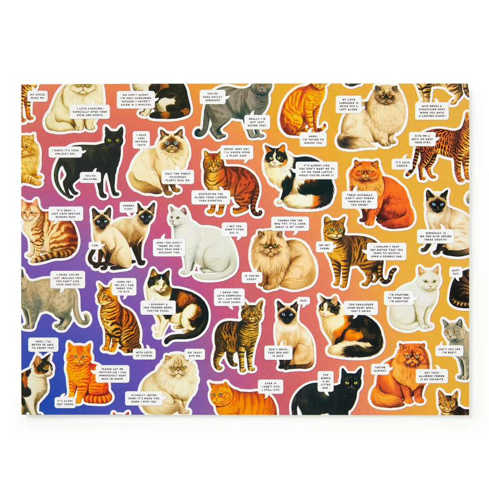 Pattern of various cats with text bubbles on a colorful background