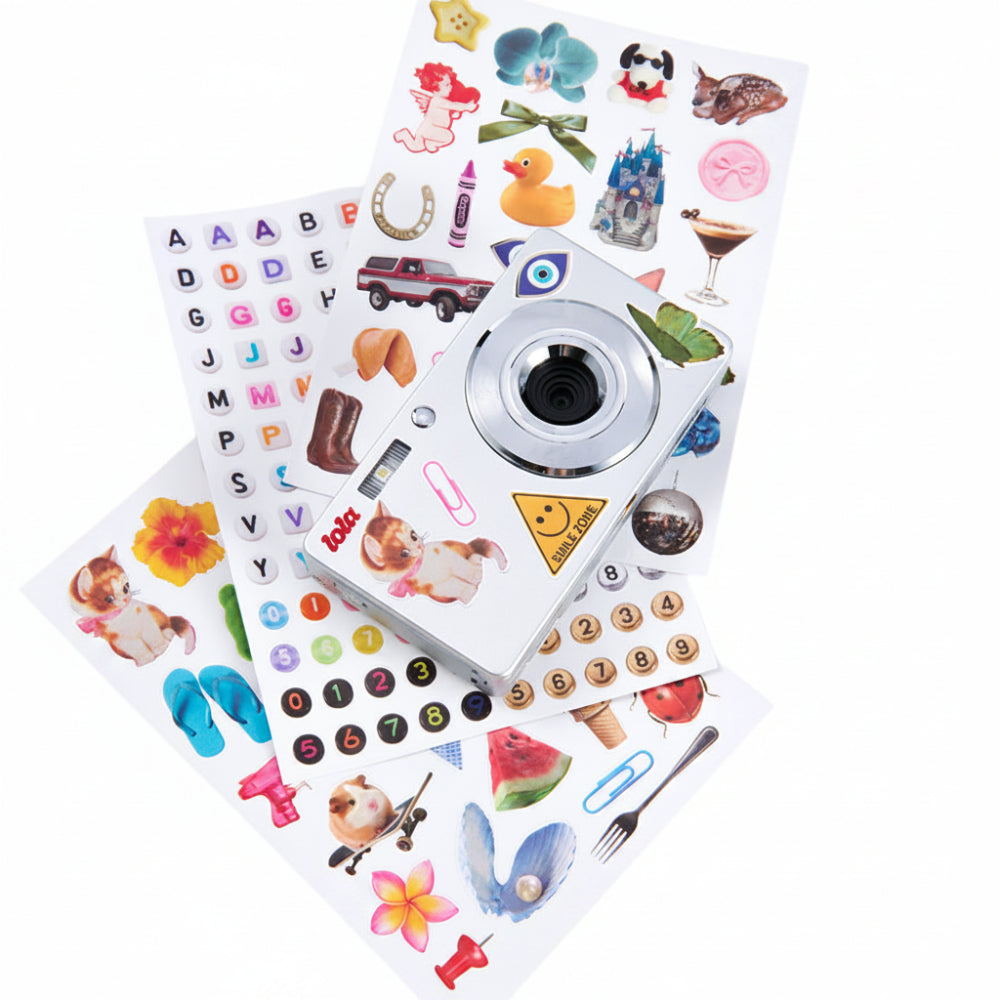 Collection of colorful stickers with various designs on a white background