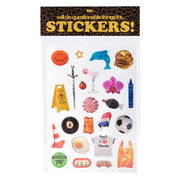 Sheet of stickers with various designs on a white background
