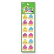 A vertical sticker sheet package labeled 'sticker garden' with cartoon cupcake stickers in yellow and pink frosting on a white sheet, set against a light gray background.