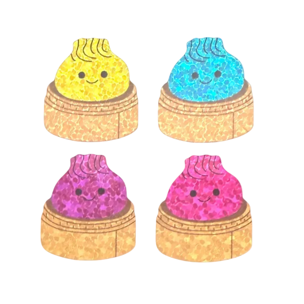 Four cute illustrated character pastries arranged in a 2x2 grid on a white background. Each pastry has a smiling face and is set in a round pastry shell.