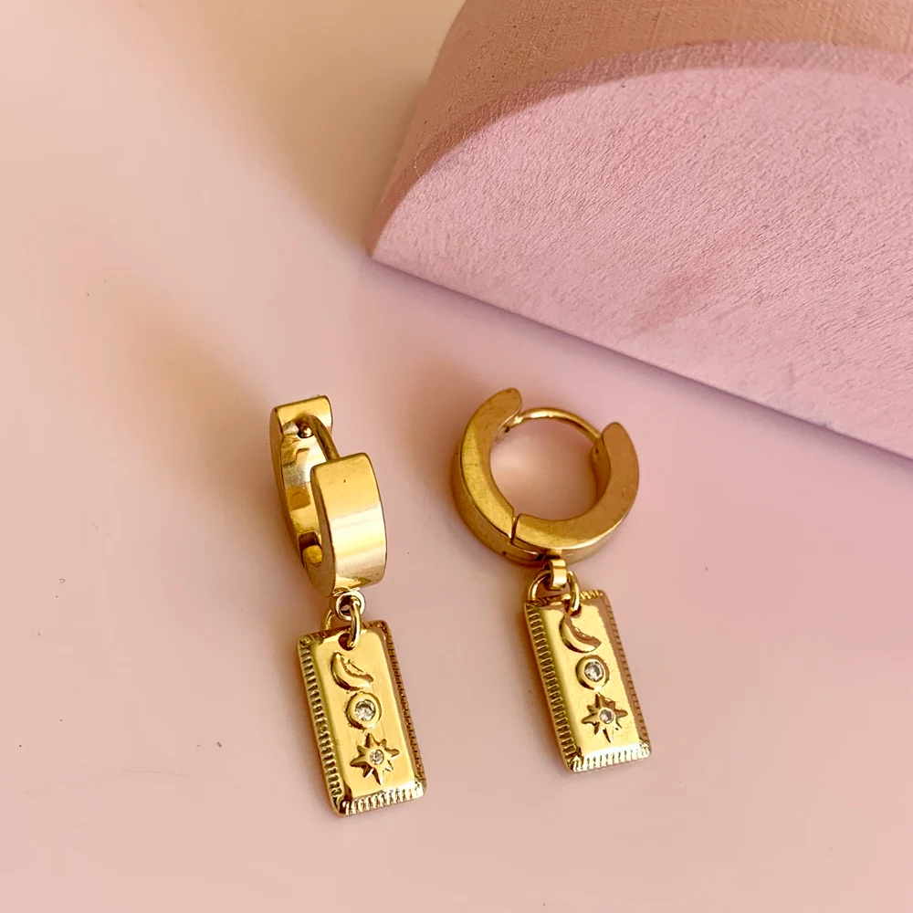 Penny Foggo Earrings Huggie Hoops Moon Diamante Star on Rectangle Gold