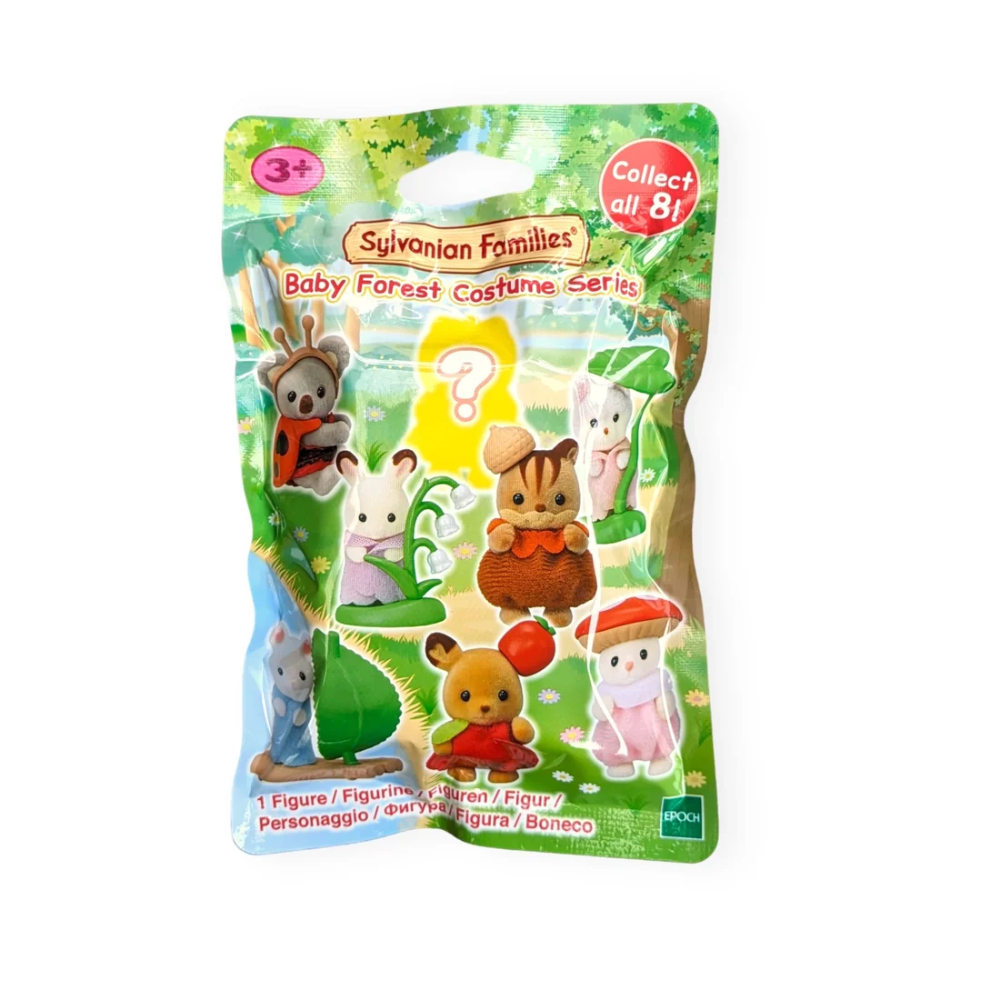 A sealed Sylvanian Families Baby Forest Costume Series blind bag package on a plain white background. The front shows illustrated forest animals and text including 'Collect all 8!' and '1 Figure / Figurine.