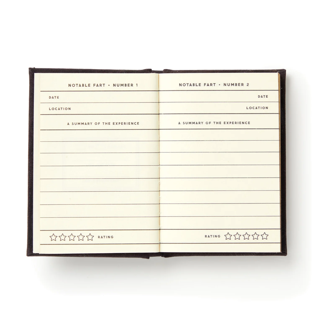 Notebook with pages titled 'Notable Fart' on a white background