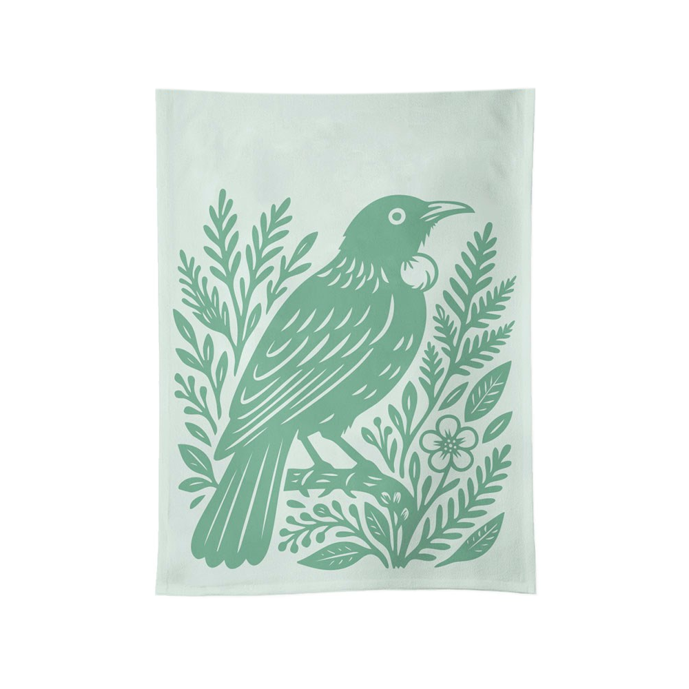 100%NZ Tea Towel Woodcut Tui