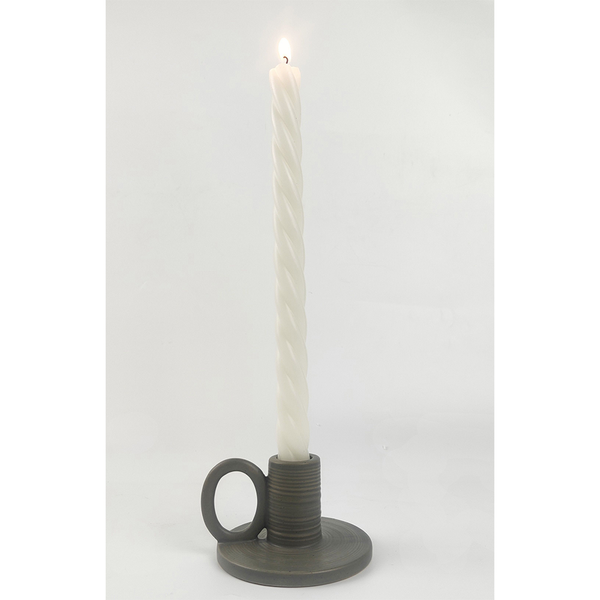 Ceramic Handled Candle Holder Ridged Khaki