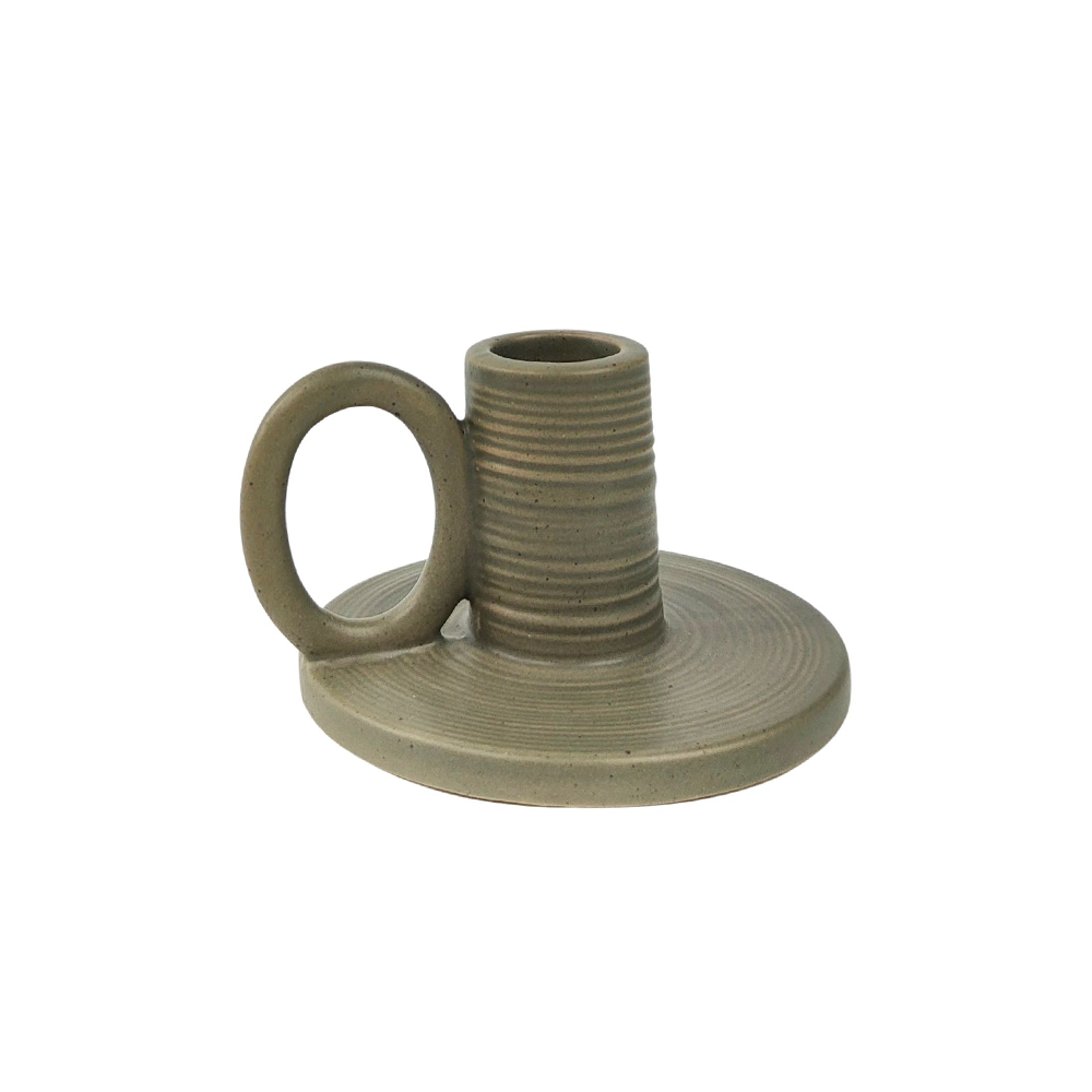 Ceramic Handled Candle Holder Ridged Khaki