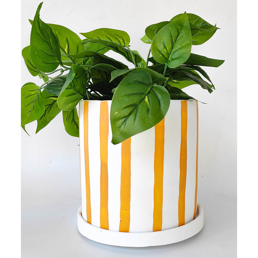 Julia Stripe Planter with Saucer Mustard Large