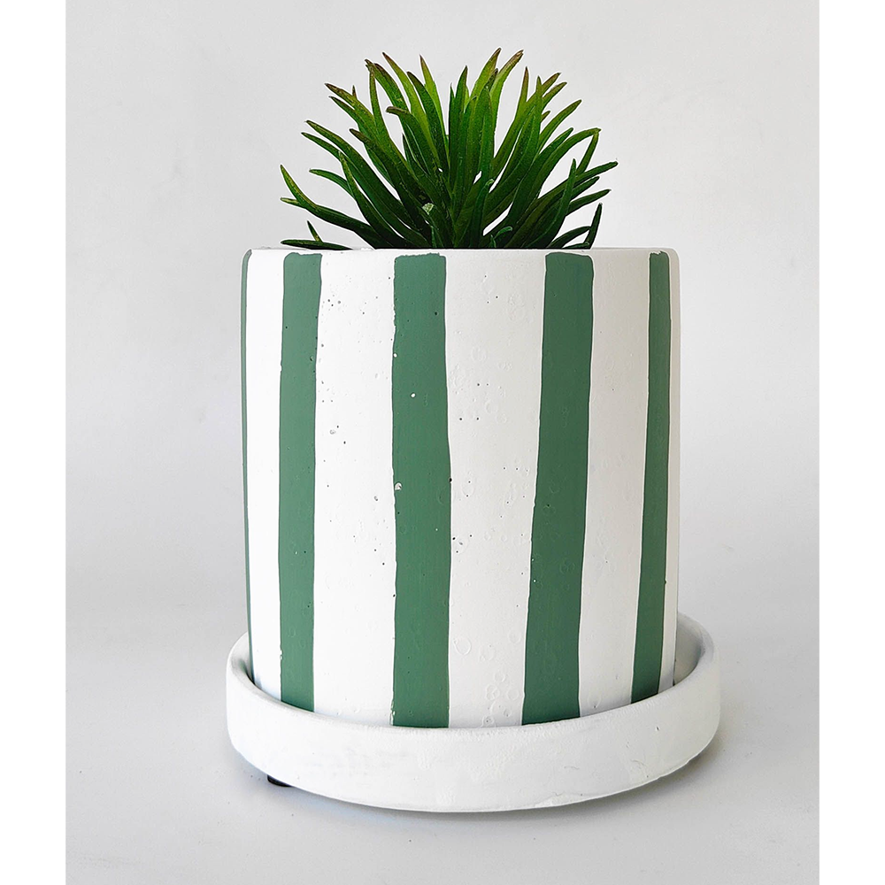 Julia Stripe Planter with Saucer Sage Large