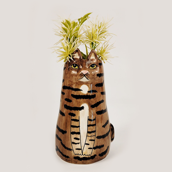 Mini Sitting Cat Vase Grey Tabby