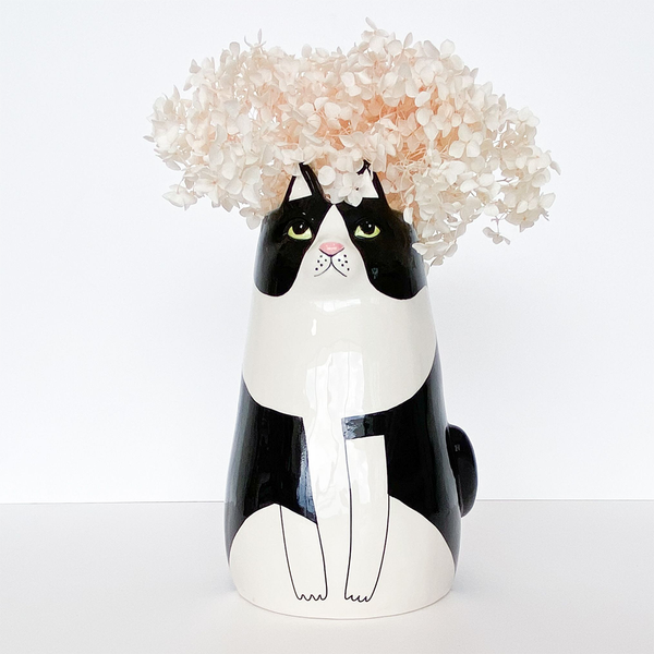 Ceramic Sitting Cat Vase Black and White Large