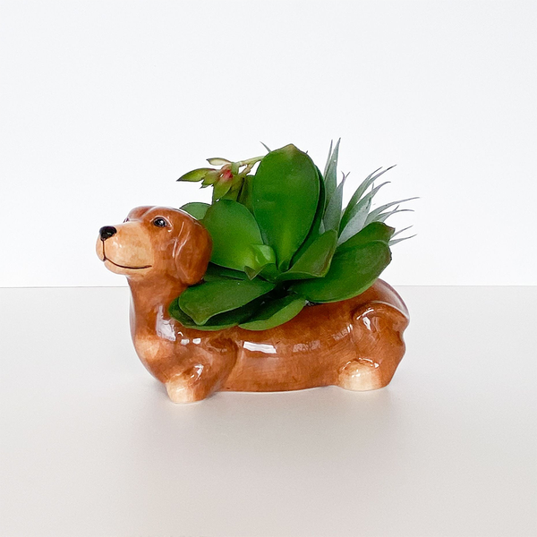 Ceramic Cute Dachshund Planter Brown