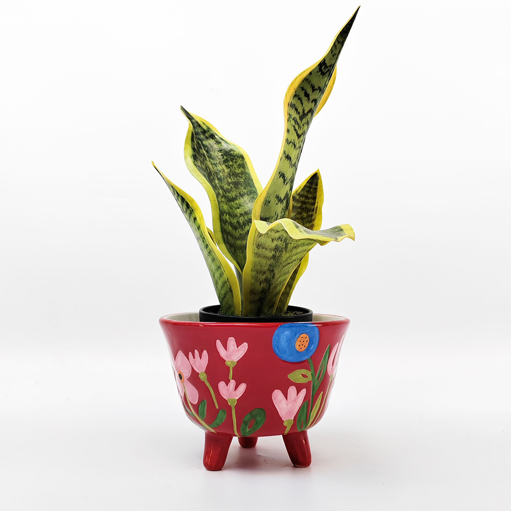 Naive Three Legged Floral Planter Red
