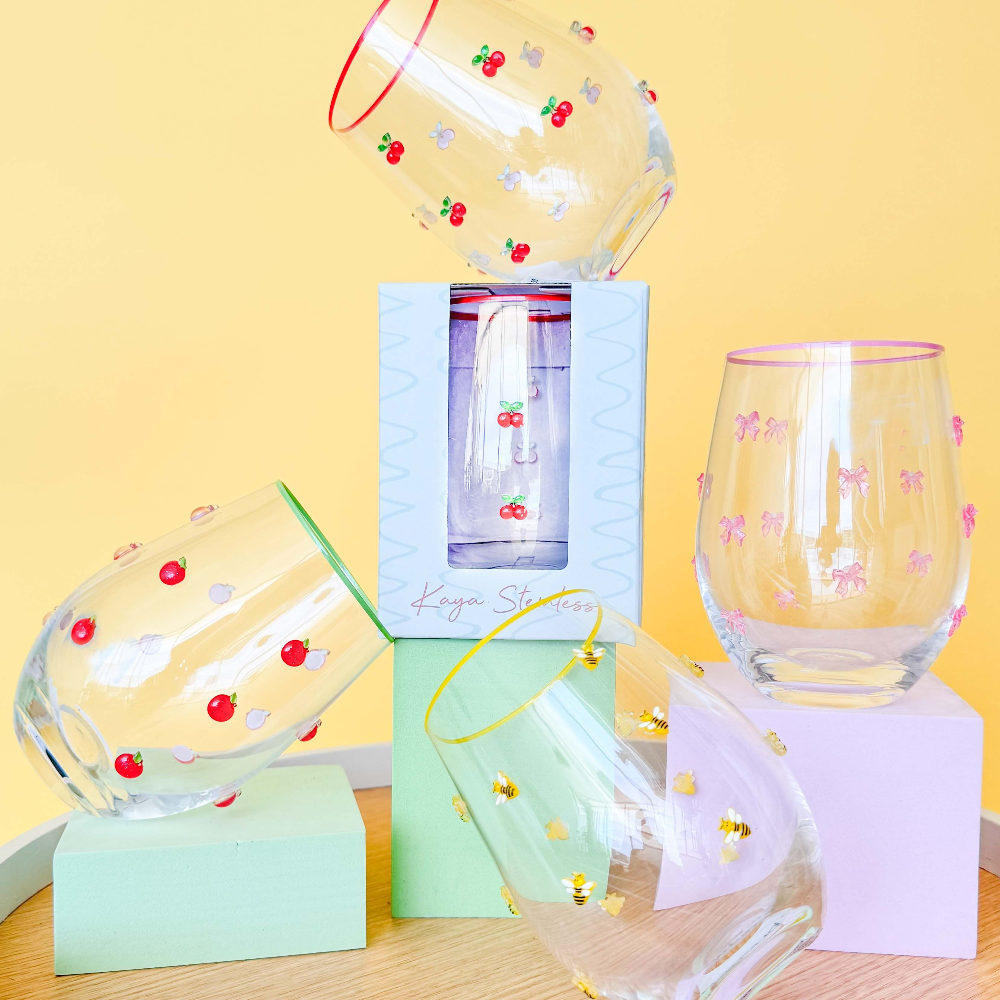 Kaya Stemless Glass Pink Bow