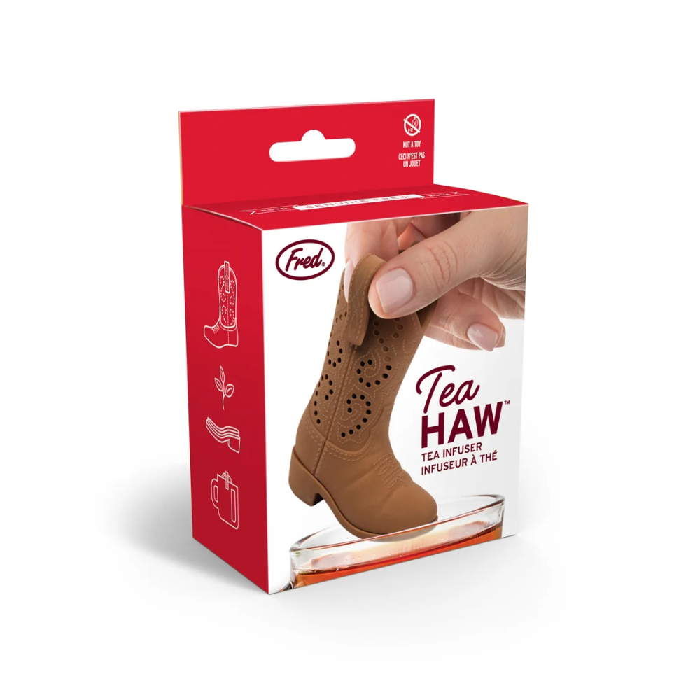 Tea infuser packaging with a hand holding it, on a white background