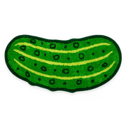 Green pickle-shaped rug with black spots and yellow lines on a white background