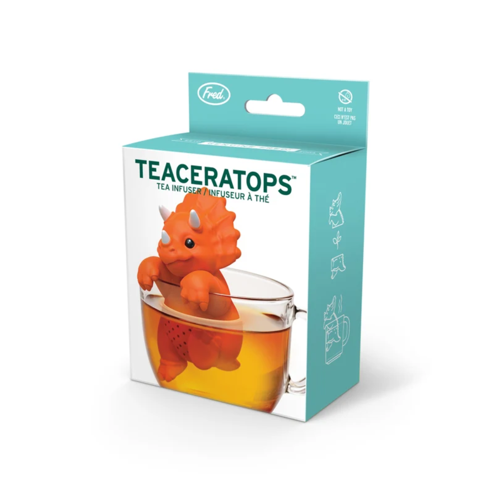 Teaceratops tea infuser packaging with teal and white design