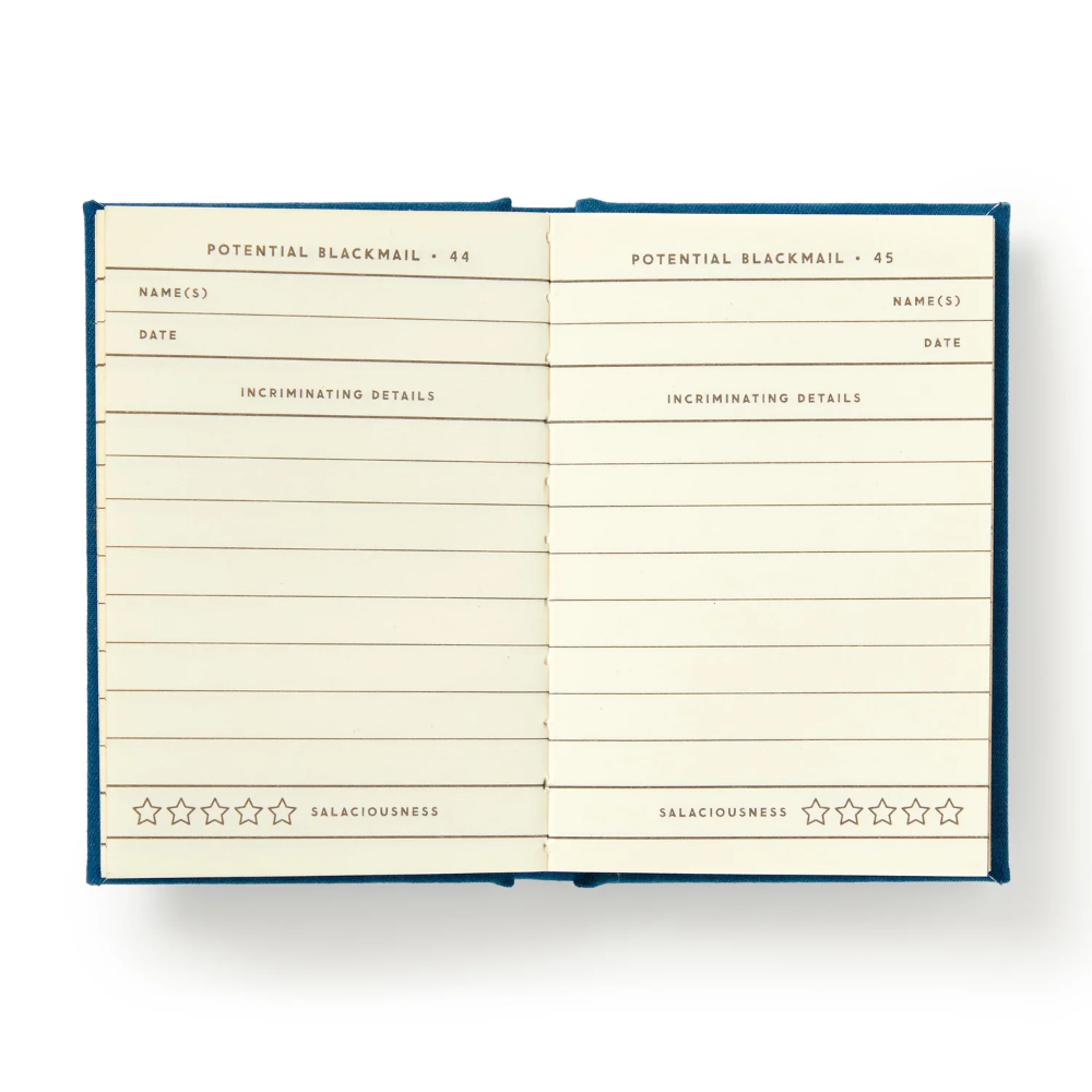 Open notebook with lined pages titled 'Potential Blackmail' on a white background