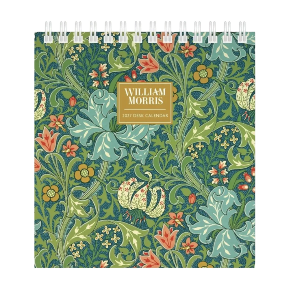 William Morris 2017 Desk Calendar with a detailed floral pattern in green, blue, and orange, featuring a gold-colored title block on the front.
