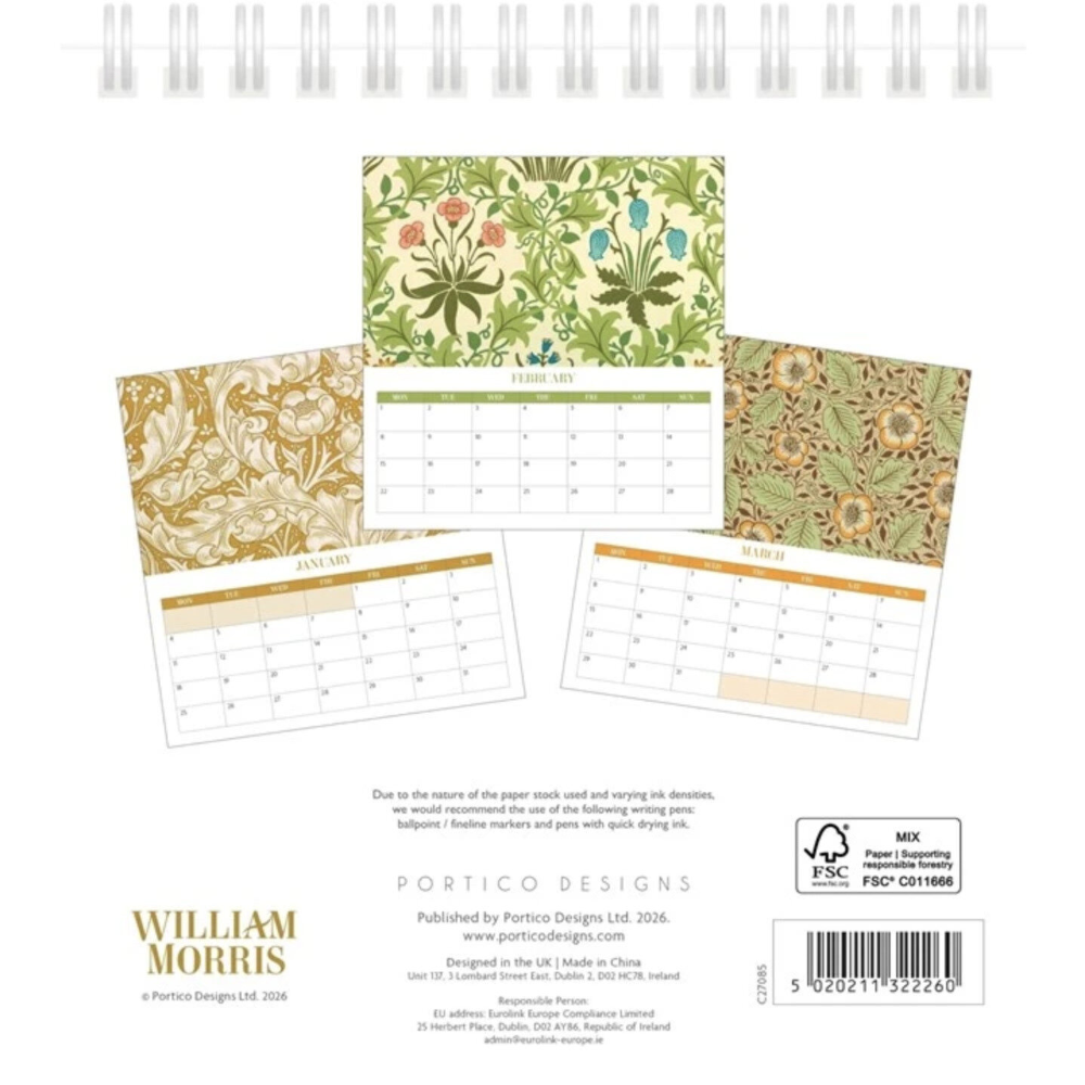 Back cover of a William Morris Portico Designs desk calendar, showing four sample monthly pages with floral and botanical illustrations, plus publisher details and a barcode.