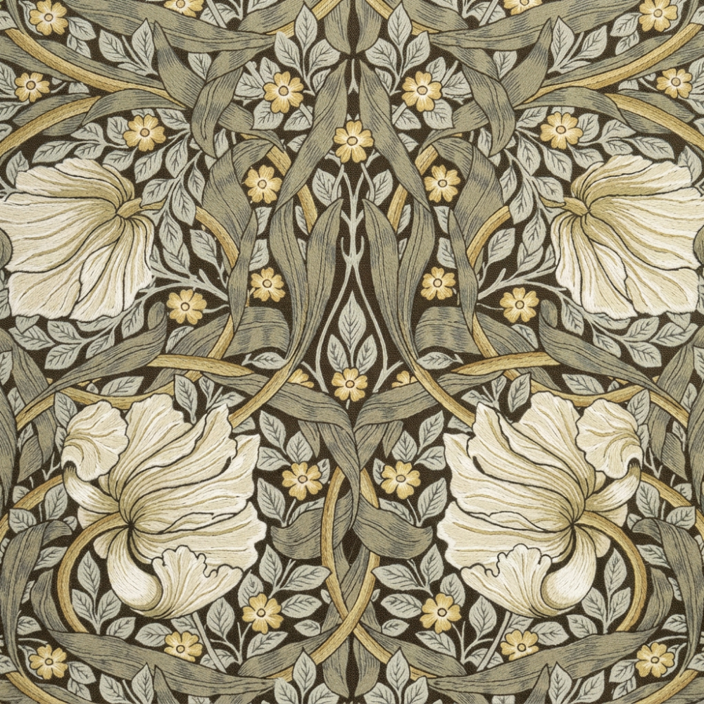 A repeating Art Nouveau style floral pattern with large cream flowers, olive-green leaves, and thin gold curved stems on a light gray background.