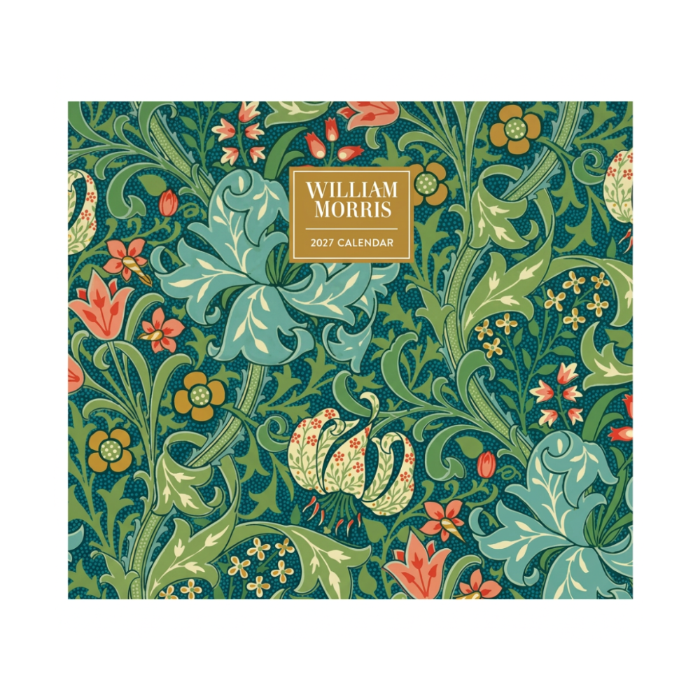 William Morris 2027 Calendar cover featuring a detailed floral and botanical pattern in teal, green, coral, and cream, with a central gold label reading 'WILLIAM MORRIS 2027 CALENDAR'.