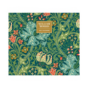 William Morris 2027 Calendar cover featuring a detailed floral and botanical pattern in teal, green, coral, and cream, with a central gold label reading 'WILLIAM MORRIS 2027 CALENDAR'.