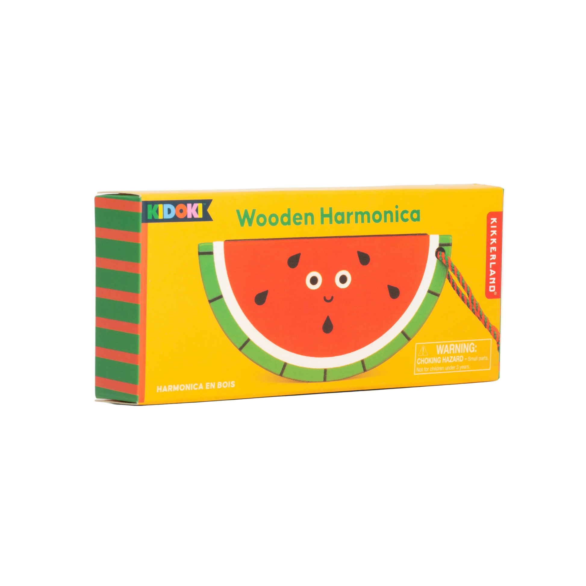 A box of KIDOKI Wooden Harmonica in the Watermelon flavor, featuring a bright yellow front with a cartoon watermelon illustration and green and red striped sides.