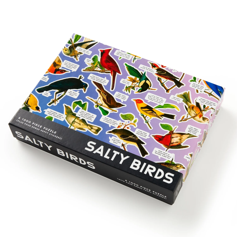 A boxed bird-themed jigsaw puzzle titled "SALTY BIRDS" shown at an angle on a clean white background. The box features a colorful collage of illustrated birds on a lavender background, with the title in large white letters on a black band around the front.