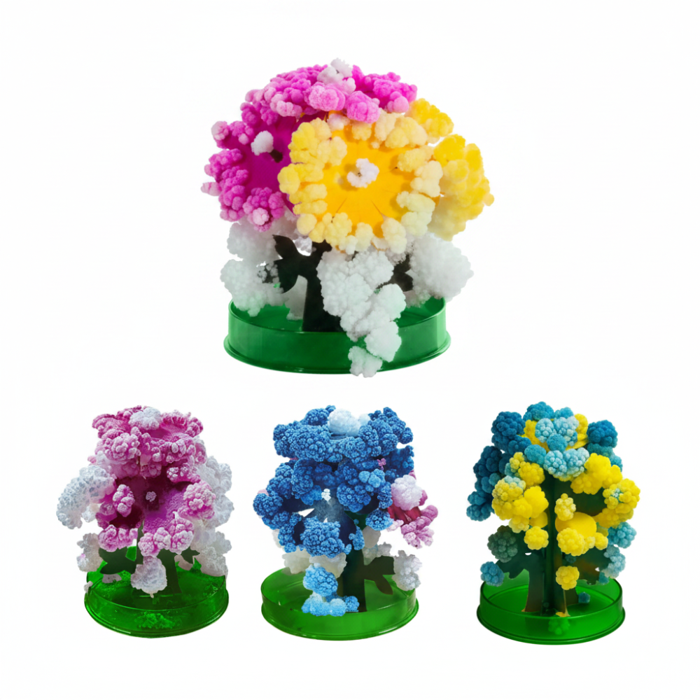 Colorful coral-like structures on green bases with a 'Collect All 4 Colours' badge.
