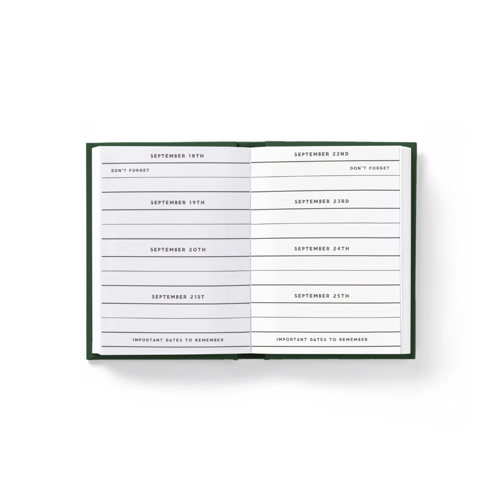 Open planner showing a weekly schedule with dates and reminders on a white background