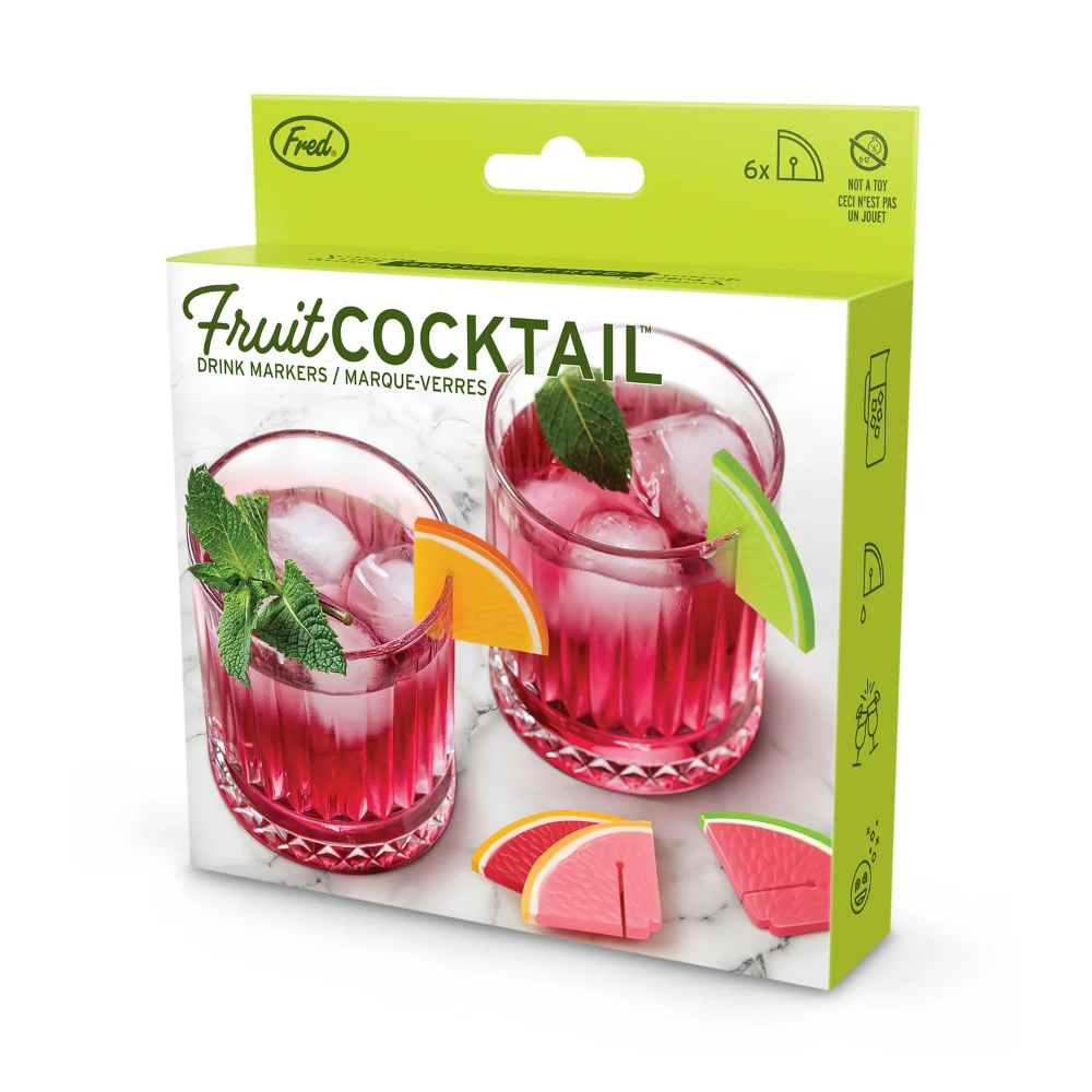 A package of Fred Fruit Cocktail drink markers, featuring a bright lime green and white box with illustrations of two glasses of pink cocktail, mint leaves, and citrus slices.