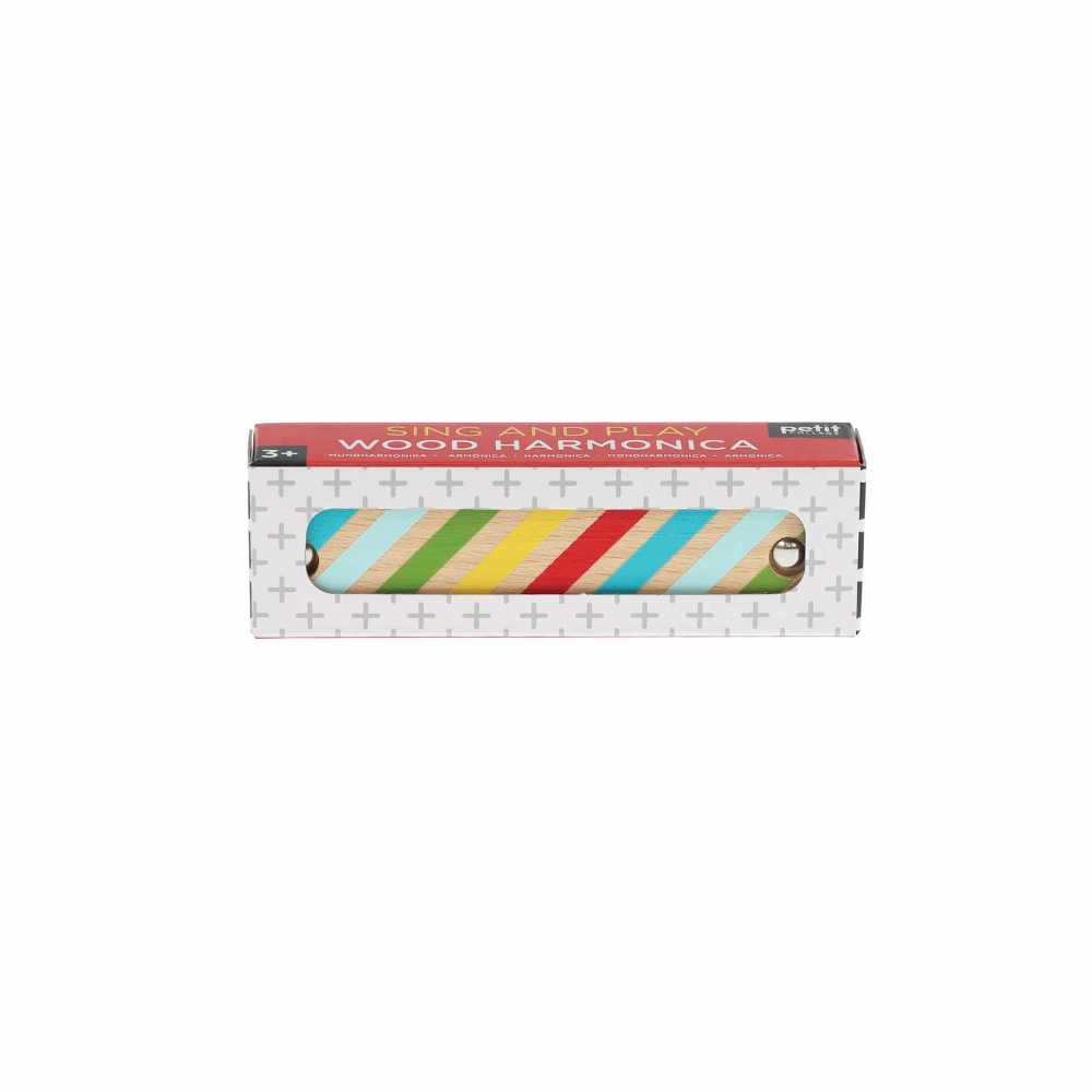 Wooden harmonica with colorful stripes in a box on a white background