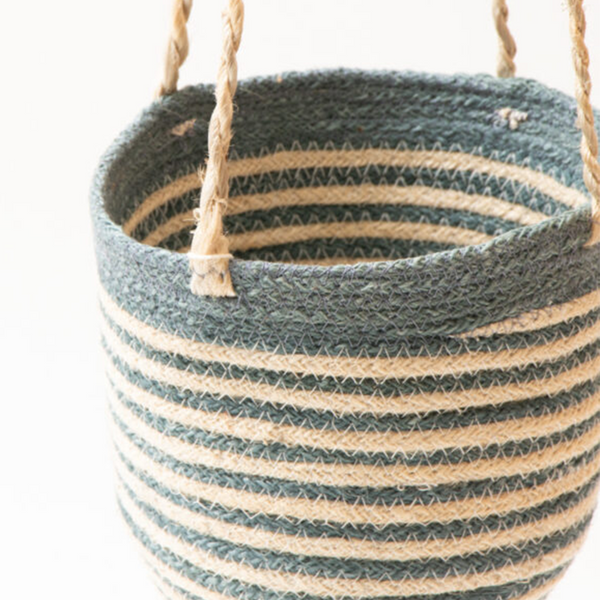Dhaka Handicrafts Blue and White Striped Hanging Basket