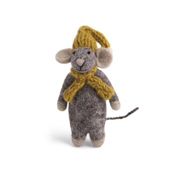 En Gry & Sif Fair Trade Felt Christmas Decoration Mouse with Yellow Hat and Scarf