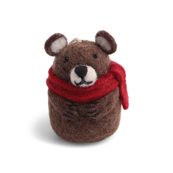 En Gry & Sif Fair Trade Felt Christmas Decoration Brown Bear with Scarf Ball