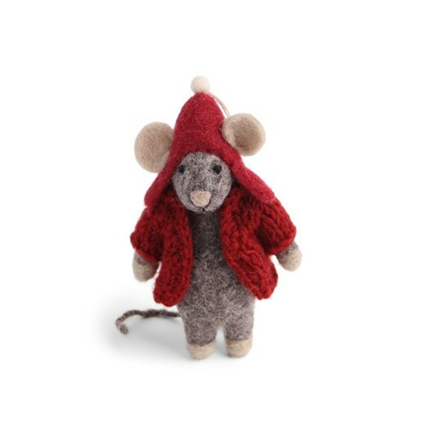 En Gry & Sif Fair Trade Felt Christmas Decoration Grey Mouse with Red Jacket