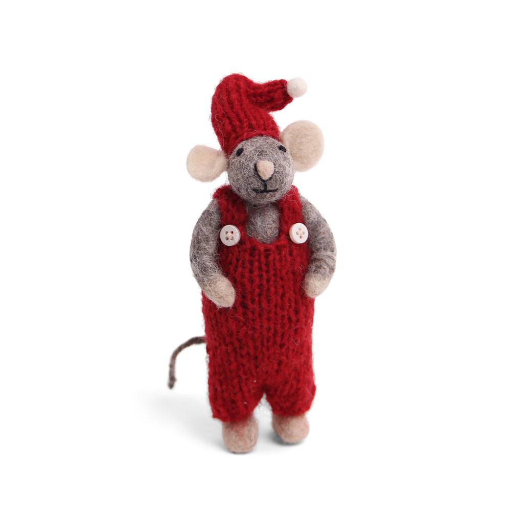 En Gry & Sif Fair Trade Felt Christmas Decoration Small Grey Boy Mouse w/ Red Pants