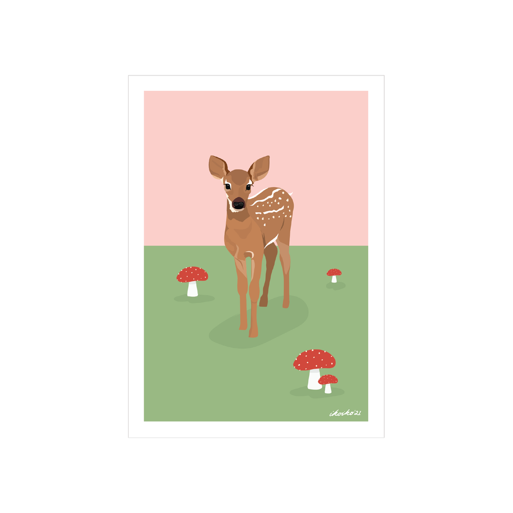 Iko Iko A4 Art Print Woodland Deer with Toadstool