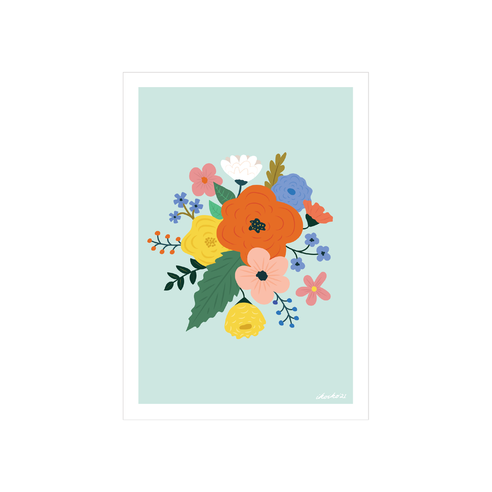 Iko Iko A4 Art Print Bloom Bouquet Mint with Orange