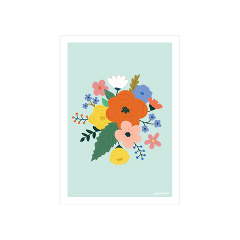 Iko Iko A4 Art Print Bloom Bouquet Mint with Orange