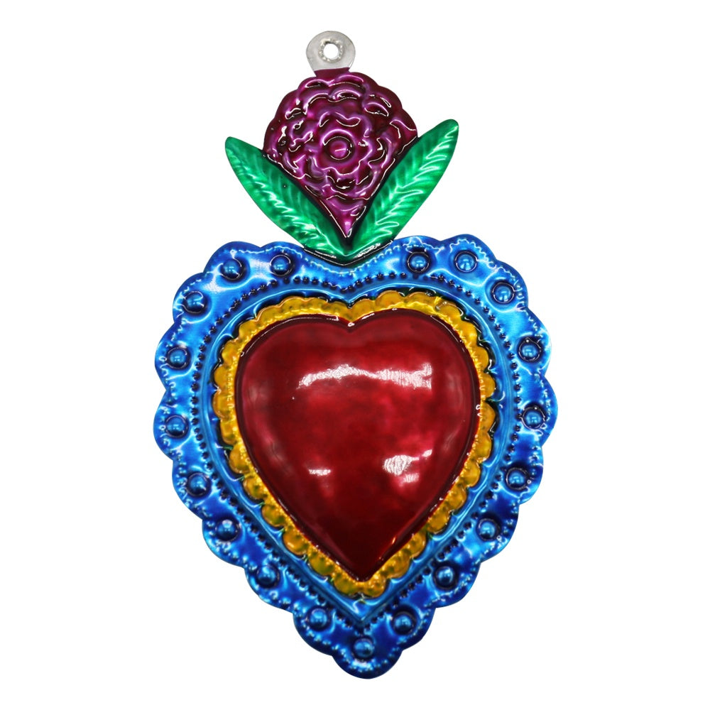 Mexican Tin Heart with Flower Small